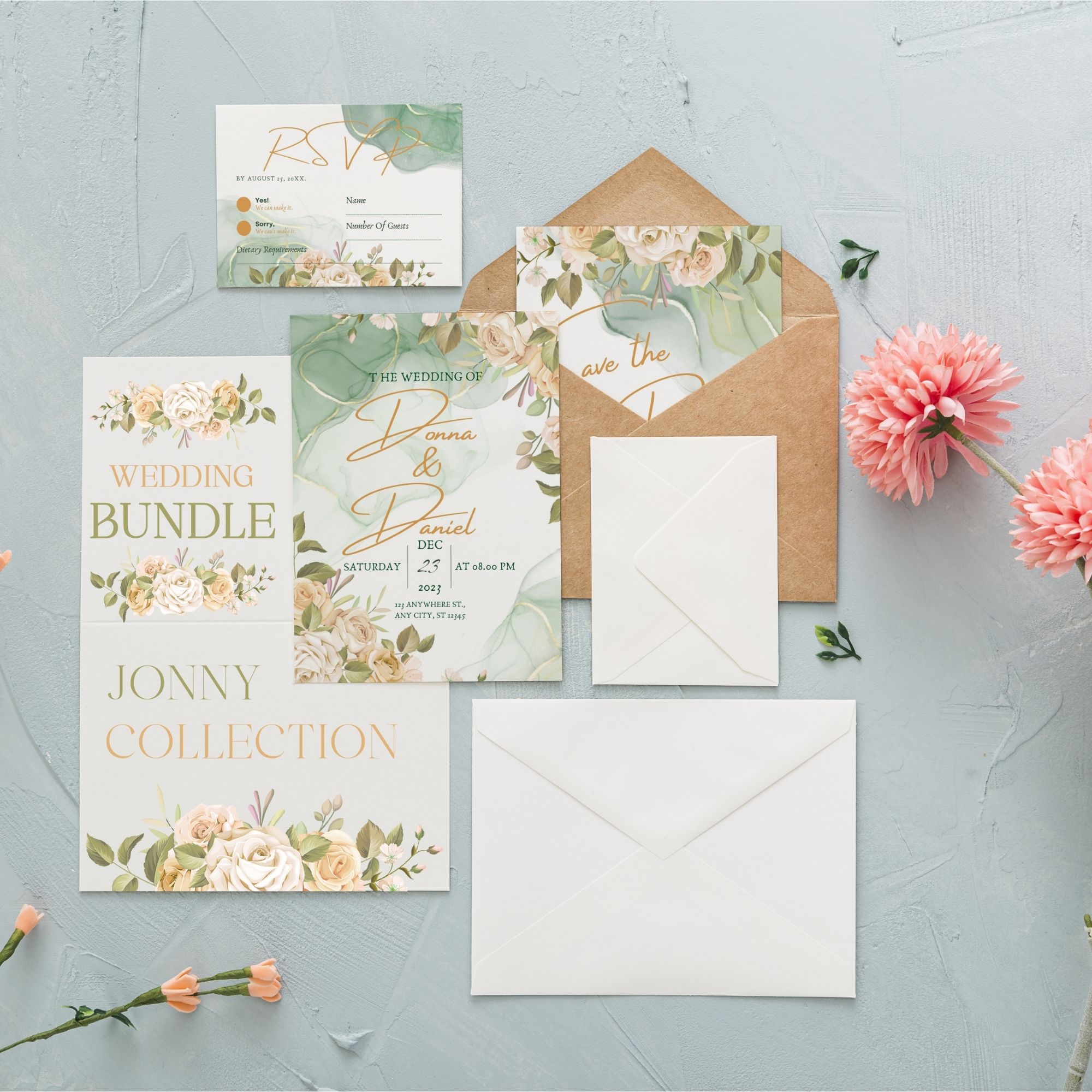 Elegant Minimalist Wedding Invitation Canva Template | Modern Gold & Greenery Design | Fully Editable | Printable & Digital | INSTANT DOWNLOAD